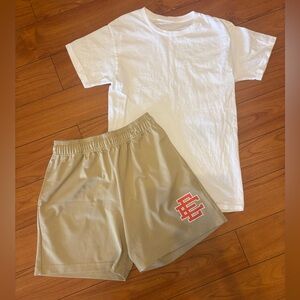 Eric Emanuel Tan Mesh Shorts L w/ White Tee Set Streetwear Athleisure